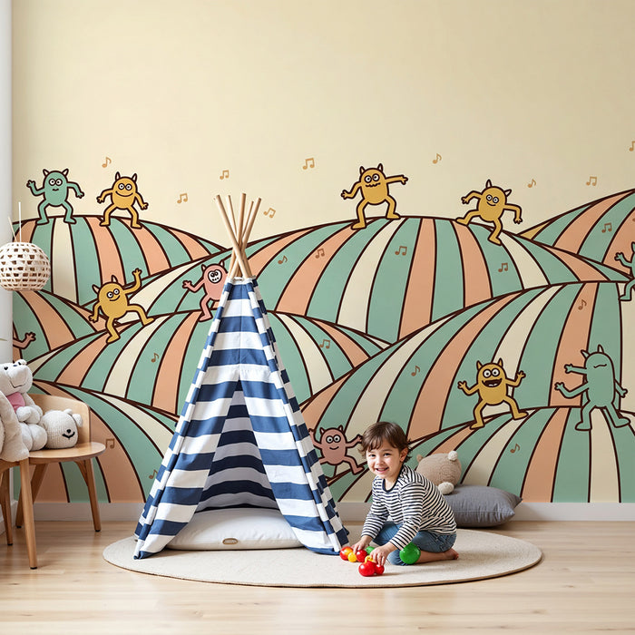 Papier peint chambre enfant | Monstres joyeux dans un paysage coloré