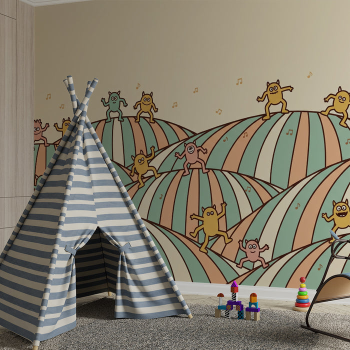 Papier peint chambre enfant | Monstres joyeux dans un paysage coloré