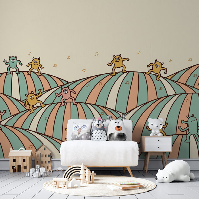 Papier peint chambre enfant | Monstres joyeux dans un paysage coloré