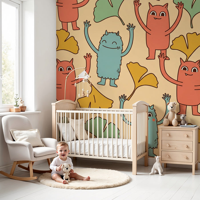 Papel de parede para quarto infantil | Monstros divertidos e folhas coloridas sobre fundo suave