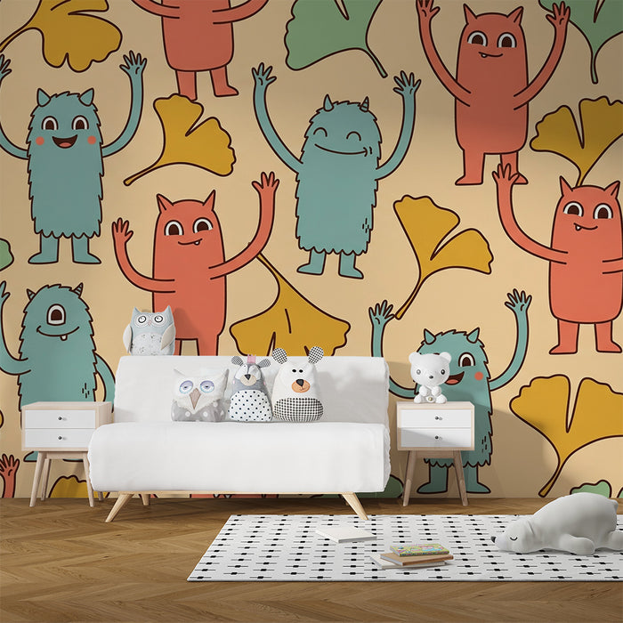 Papel de parede para quarto infantil | Monstros divertidos e folhas coloridas sobre fundo suave