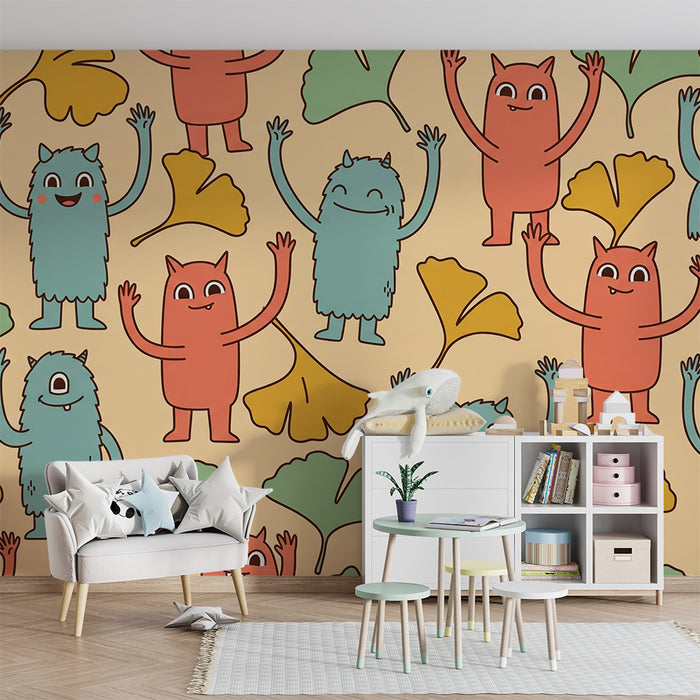 Papel de parede para quarto infantil | Monstros divertidos e folhas coloridas sobre fundo suave
