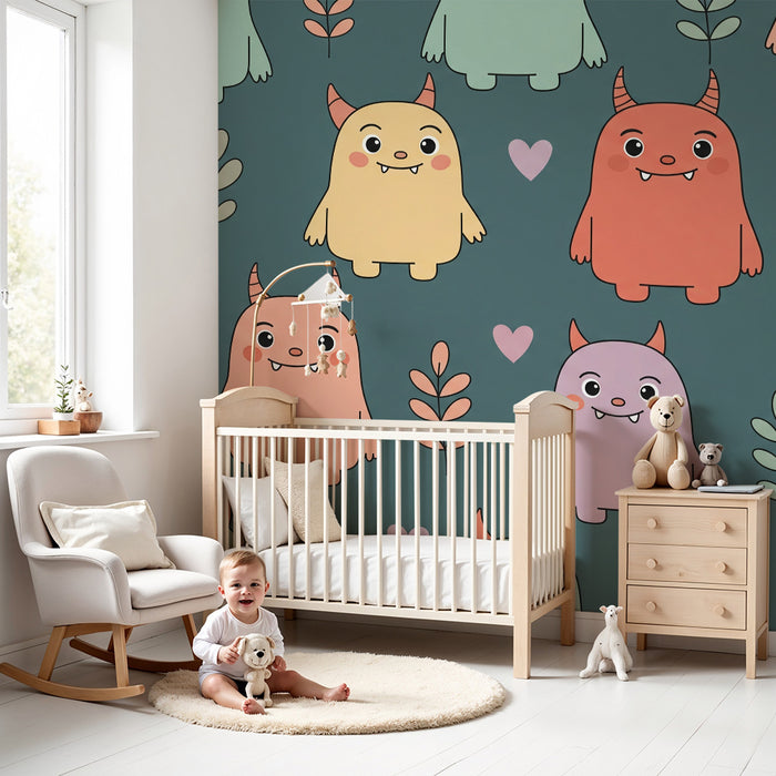 Papier peint chambre enfant | Monstres mignons et feuillage coloré