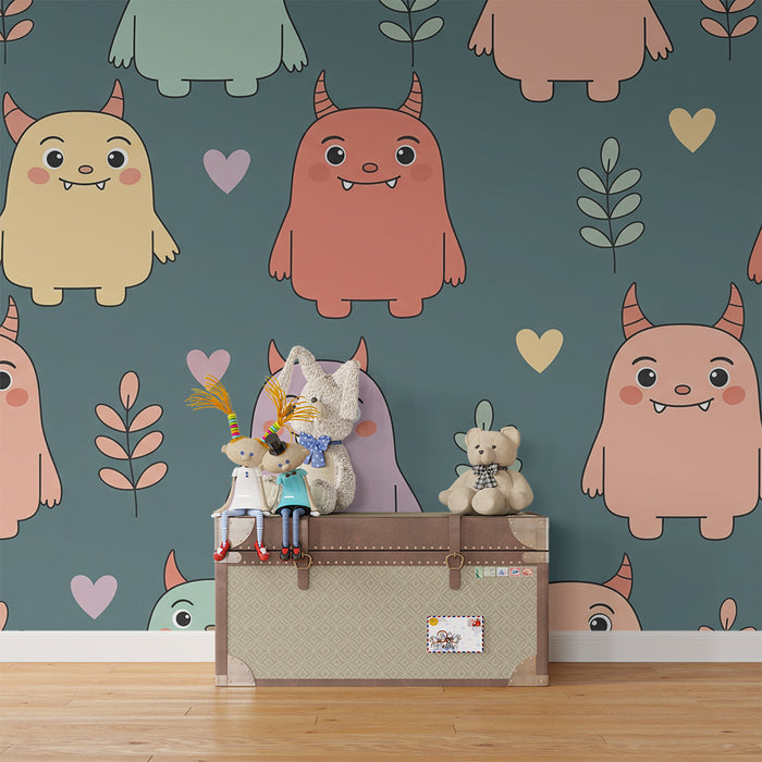 Papier peint chambre enfant | Monstres mignons et feuillage coloré