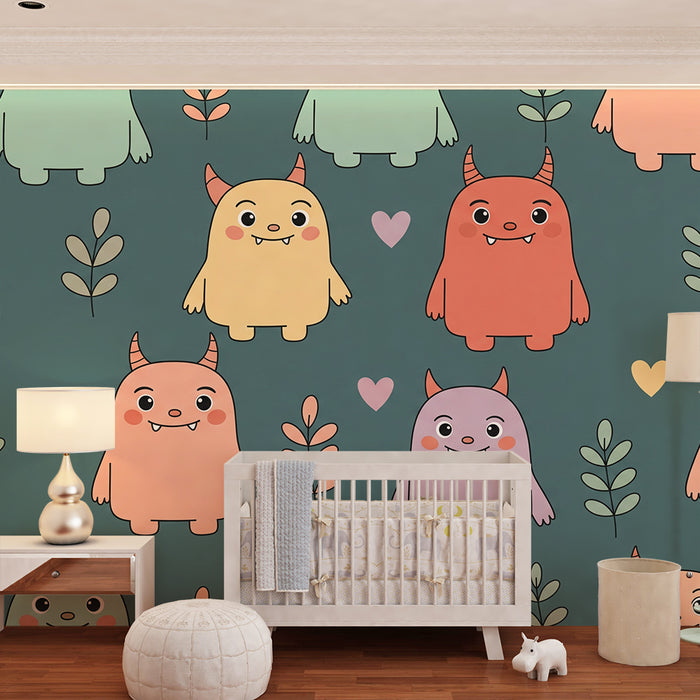 Papier peint chambre enfant | Monstres mignons et feuillage coloré