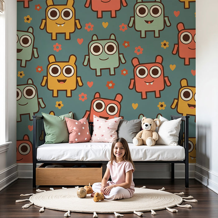 Papier peint chambre enfant | Monstres mignons et fleurs colorées