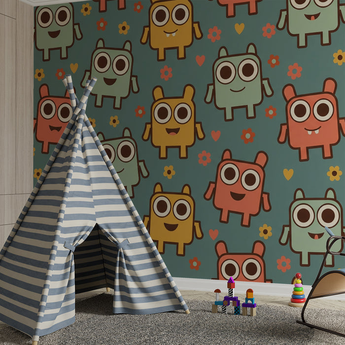 Papier peint chambre enfant | Monstres mignons et fleurs colorées