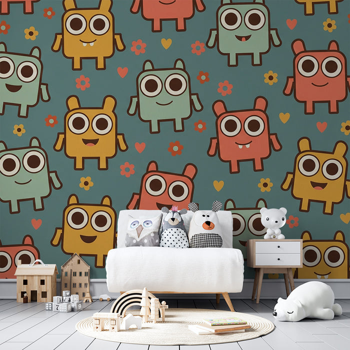 Papier peint chambre enfant | Monstres mignons et fleurs colorées