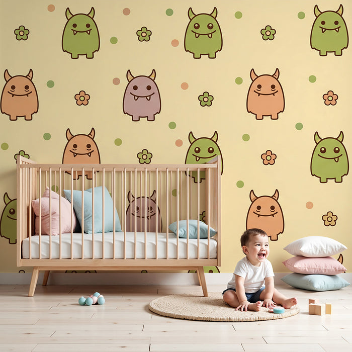 Papier peint chambre enfant | Monstres mignons et fleurs colorées sur fond pastel