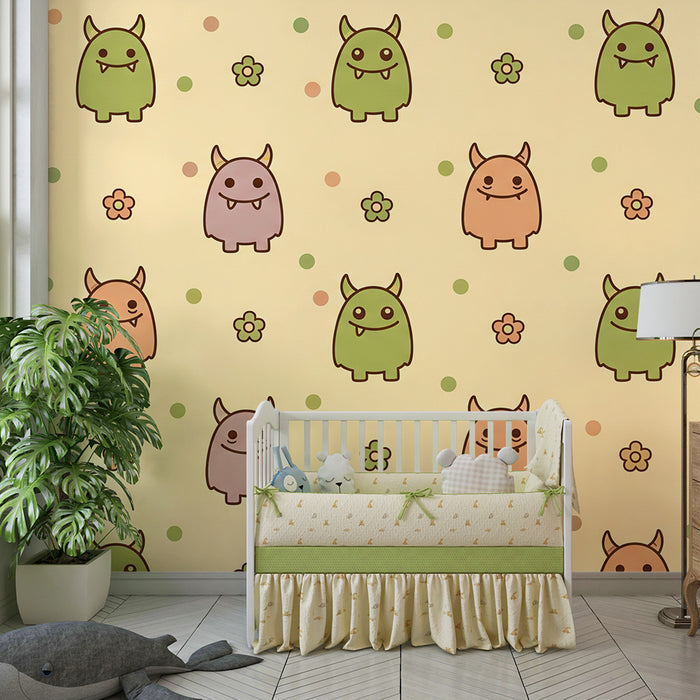 Papier peint chambre enfant | Monstres mignons et fleurs colorées sur fond pastel