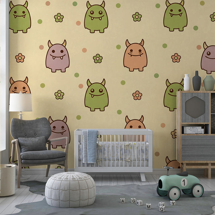 Papier peint chambre enfant | Monstres mignons et fleurs colorées sur fond pastel