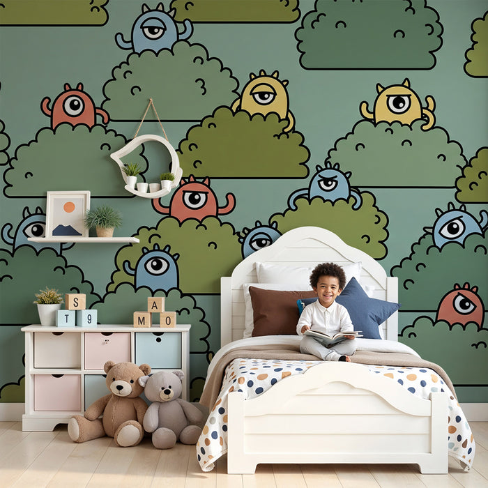 Papier peint chambre enfant | Monstres rigolos cachés dans des buissons