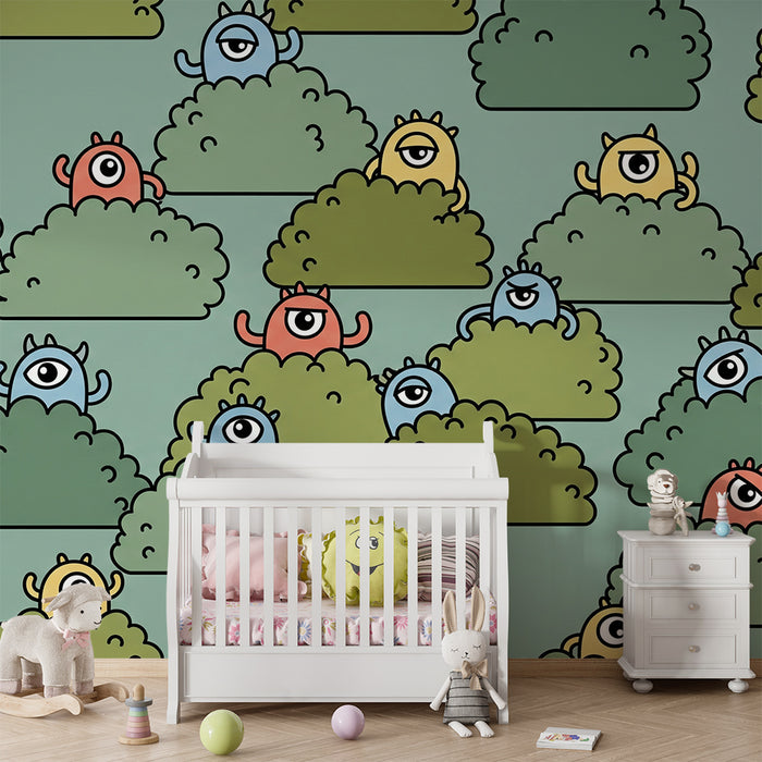Papier peint chambre enfant | Monstres rigolos cachés dans des buissons