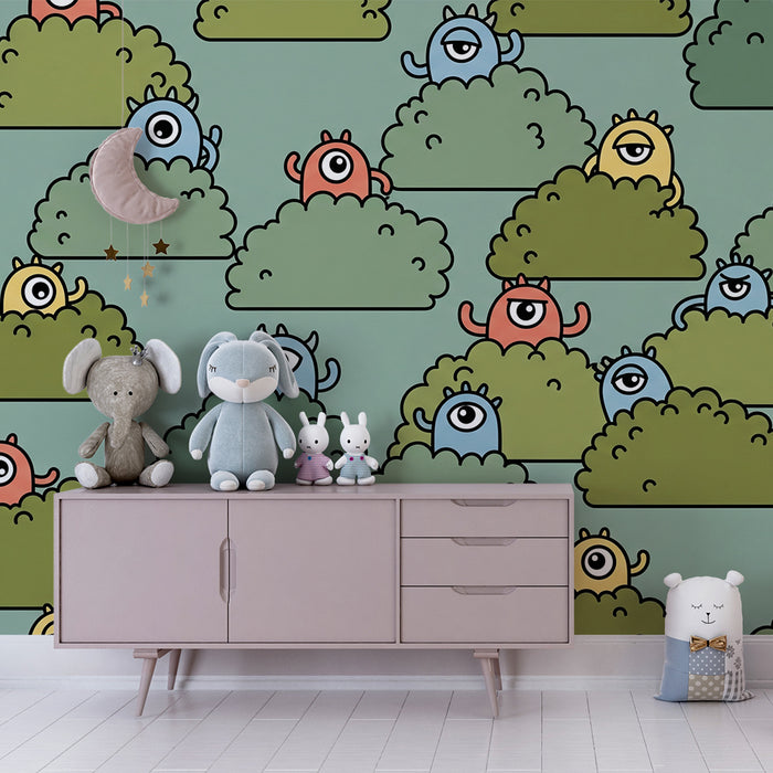 Papier peint chambre enfant | Monstres rigolos cachés dans des buissons