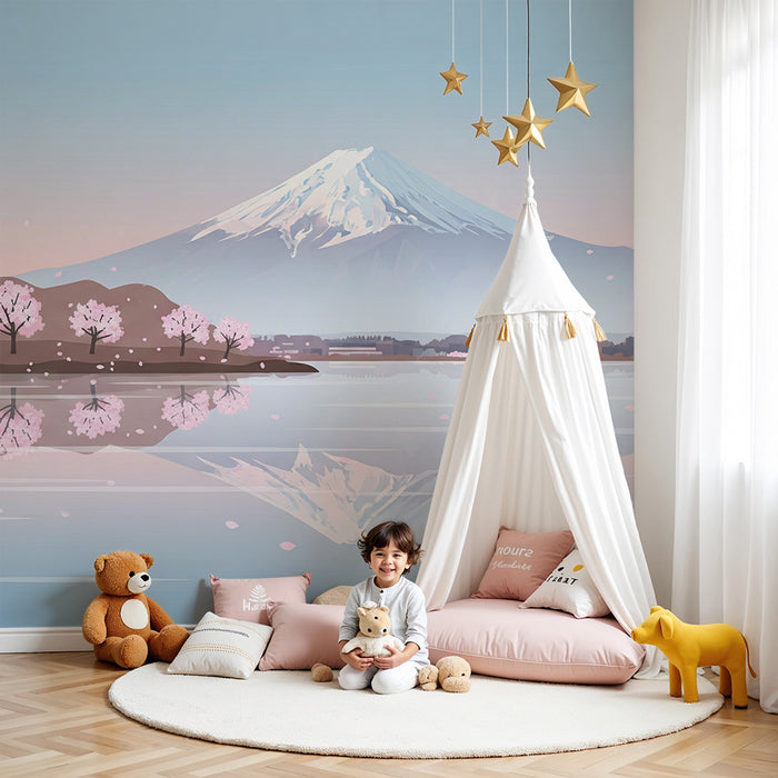 Kinderzimmer Tapete | Mont Fuji und blühende Kirschbäume am Ufer eines Sees