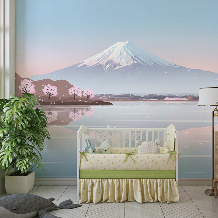 Kinderzimmer Tapete | Mont Fuji und blühende Kirschbäume am Ufer eines Sees