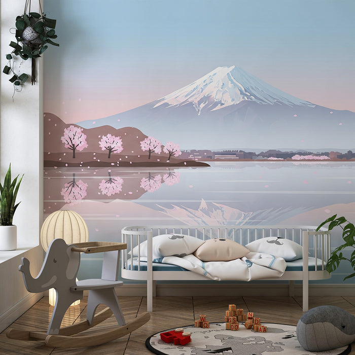 Kinderzimmer Tapete | Mont Fuji und blühende Kirschbäume am Ufer eines Sees