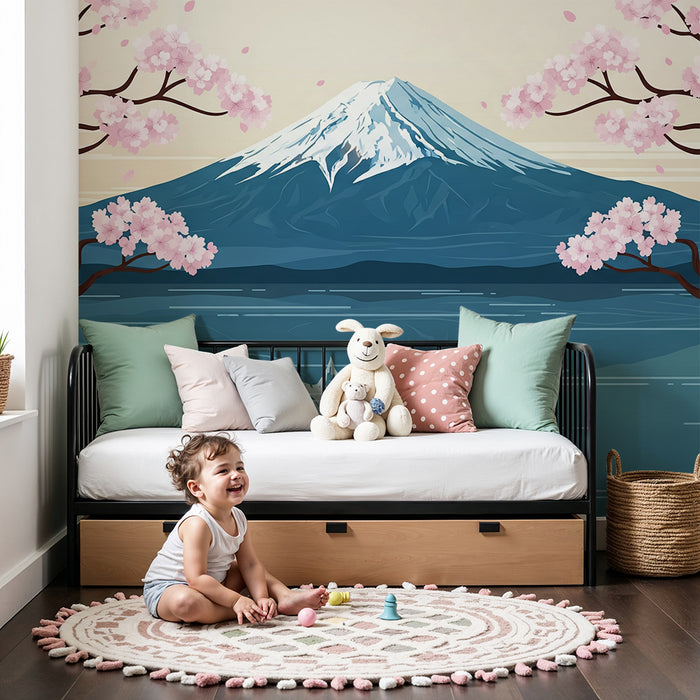 Ecco la traduzione richiesta:

Carta da parati camera bambini | Monte Fuji e ciliegi in fiore sulle rive di un lago tranquillo