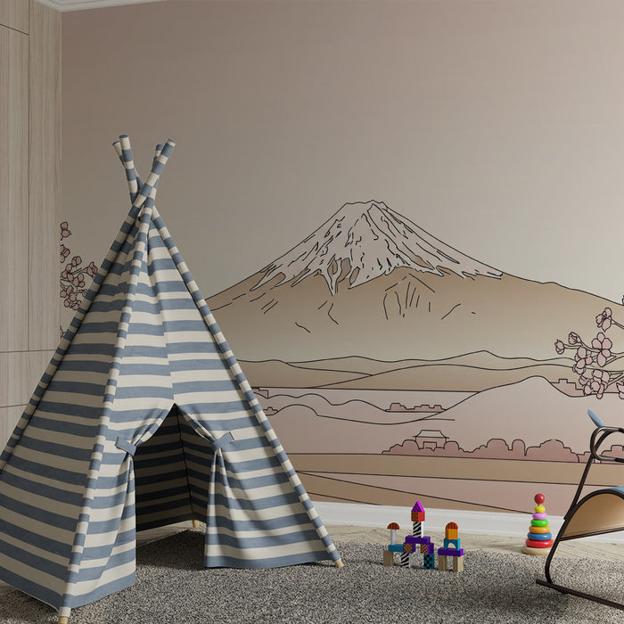Gyermekszoba tapéta | Mont Fuji és virágzó cseresznyefák enyhe árnyalatokban