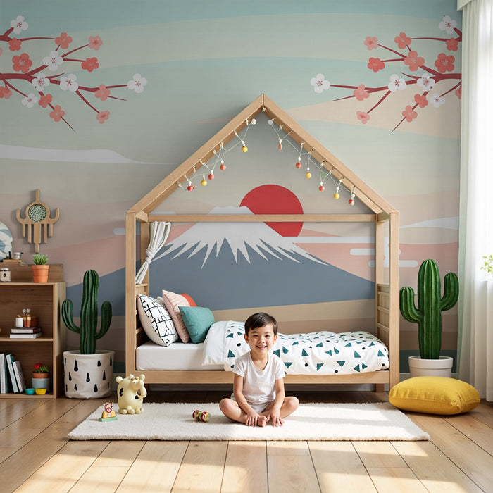 Lastenhuoneen tapetti | Mont Fuji ja kirsikkapuut kukassa pastellimaisemassa
