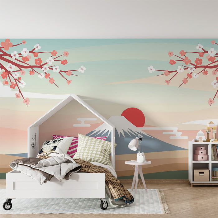 Lastenhuoneen tapetti | Mont Fuji ja kirsikkapuut kukassa pastellimaisemassa