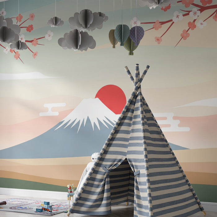 Lastenhuoneen tapetti | Mont Fuji ja kirsikkapuut kukassa pastellimaisemassa