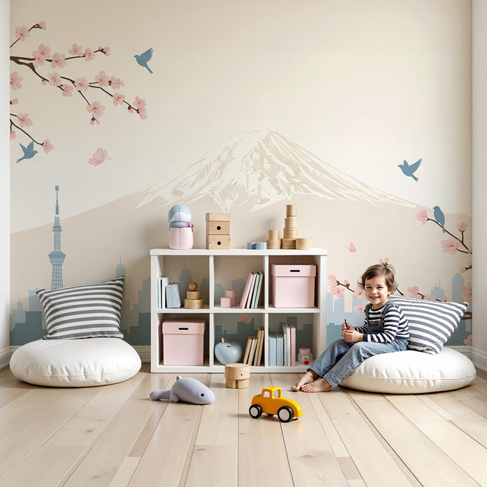 Behang kinderkamer | Mount Fuji en bloeiende kersenbomen in een rustgevend stadslandschap