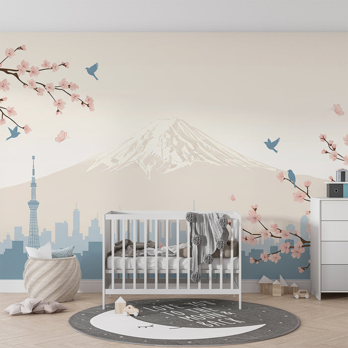 Behang kinderkamer | Mount Fuji en bloeiende kersenbomen in een rustgevend stadslandschap