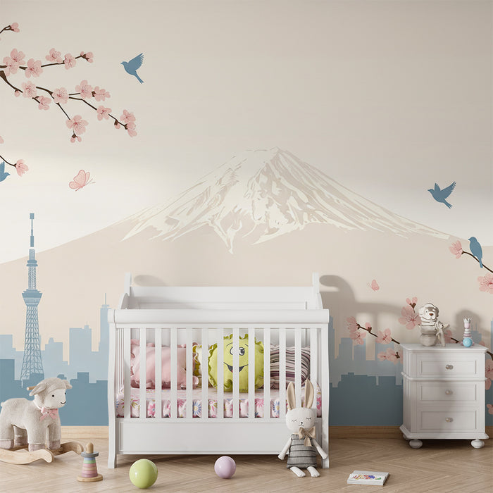Behang kinderkamer | Mount Fuji en bloeiende kersenbomen in een rustgevend stadslandschap