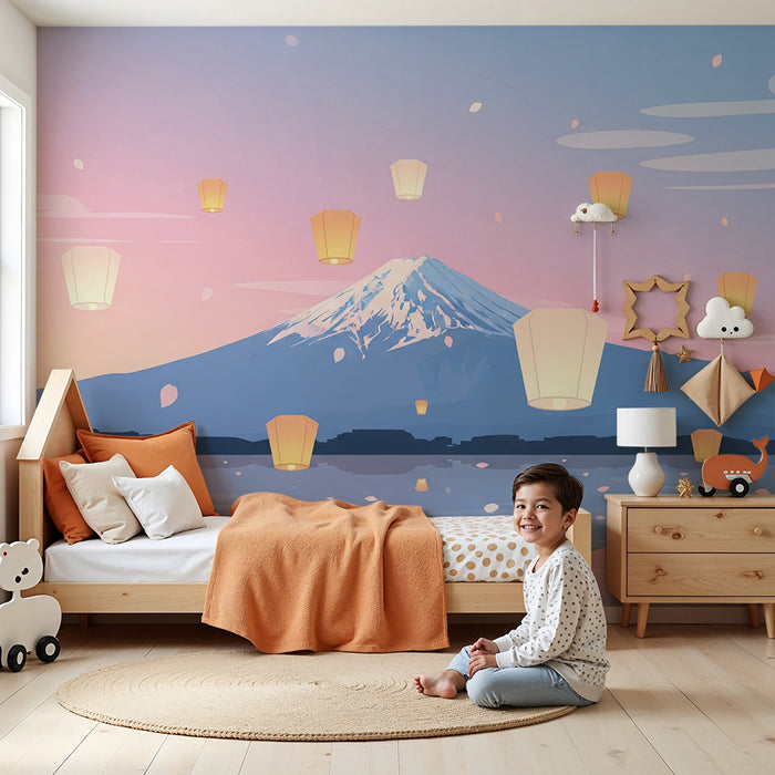Dětská pokojová tapeta | Hora Fudži a létající lampióny za soumraku