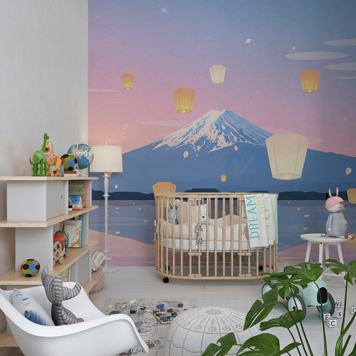 Dětská pokojová tapeta | Hora Fudži a létající lampióny za soumraku