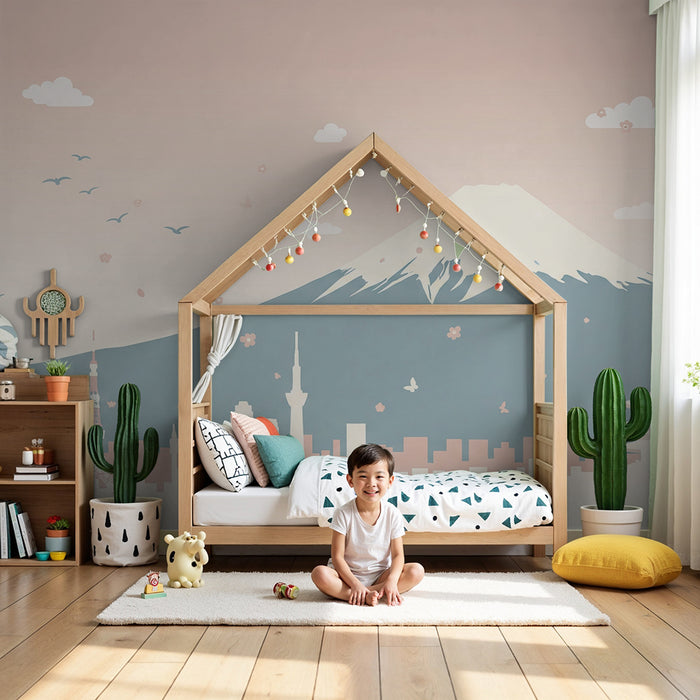 Behang kinderkamer | Mount Fuji en Japanse stadsgezicht met bloeiende kersenbomen