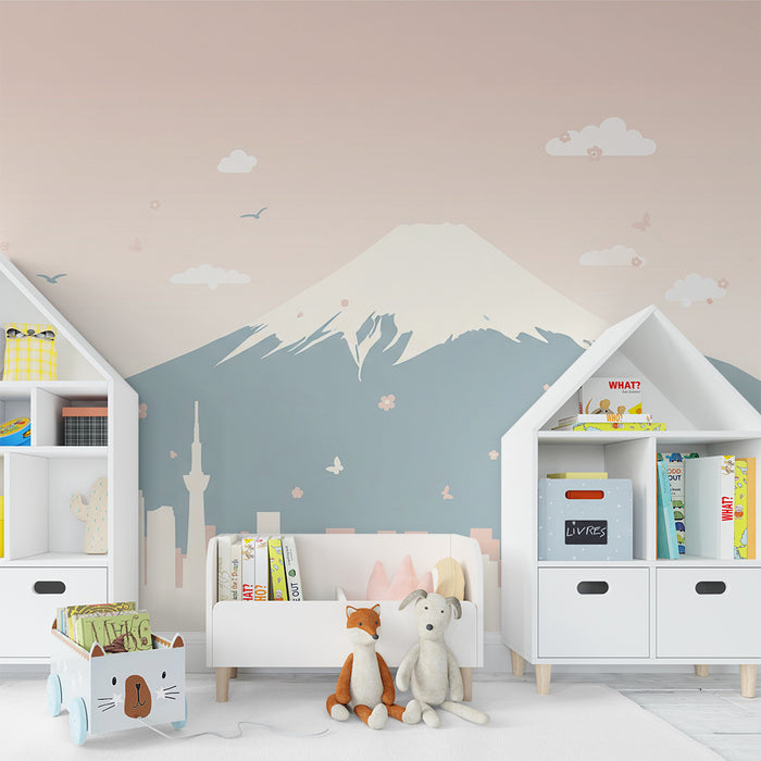Behang kinderkamer | Mount Fuji en Japanse stadsgezicht met bloeiende kersenbomen