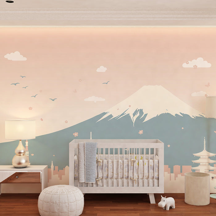 Behang kinderkamer | Mount Fuji en Japanse stadsgezicht met bloeiende kersenbomen