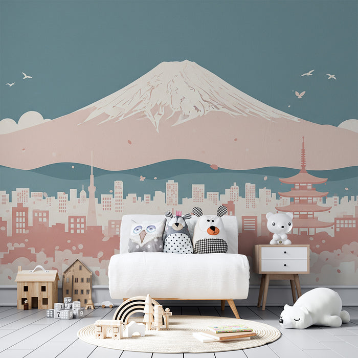 Børnetapet | Fuji-bjerget og japansk bylandskab i pastel