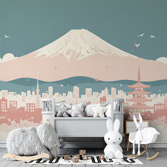 Børnetapet | Fuji-bjerget og japansk bylandskab i pastel