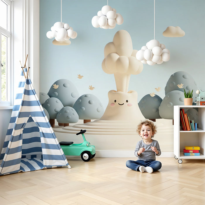 Papier peint chambre enfant | Montagne joyeuse avec nuages et oiseaux