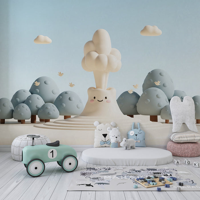 Papier peint chambre enfant | Montagne joyeuse avec nuages et oiseaux