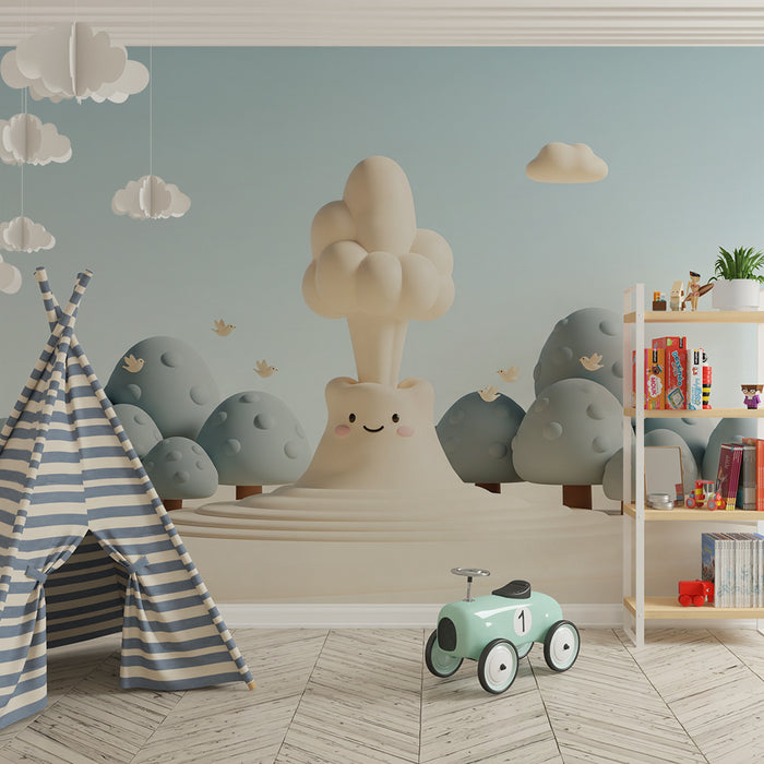 Papier peint chambre enfant | Montagne joyeuse avec nuages et oiseaux
