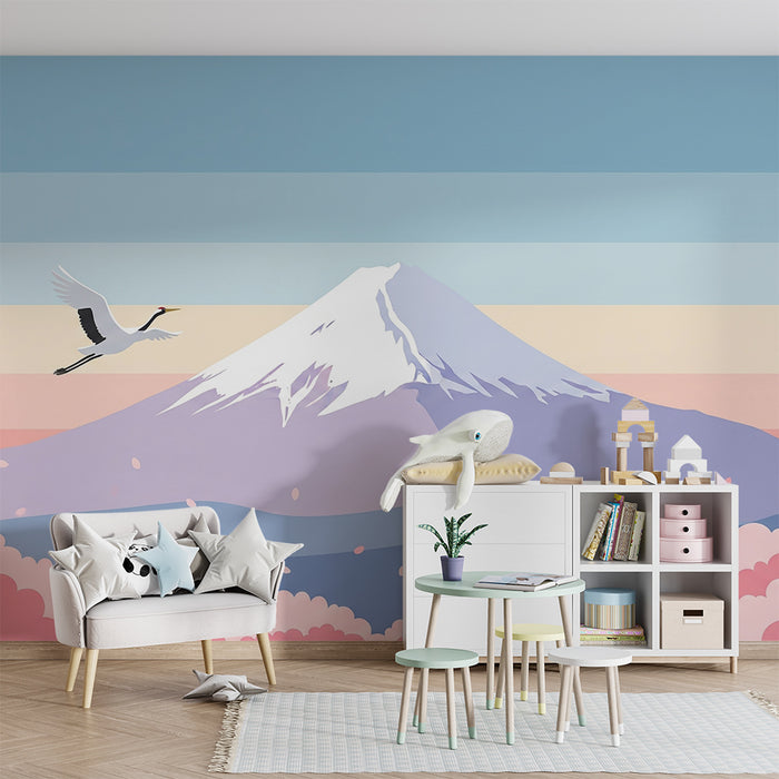 Detská izba tapéta | Majestátna hora a žeriav v pastelovom krajinnom obraze
