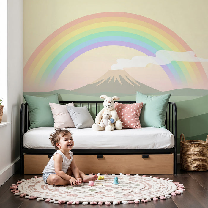 Kinderkamer behang | Majestueuze berg onder een pastel regenboog