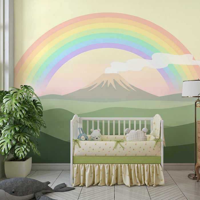 Kinderkamer behang | Majestueuze berg onder een pastel regenboog