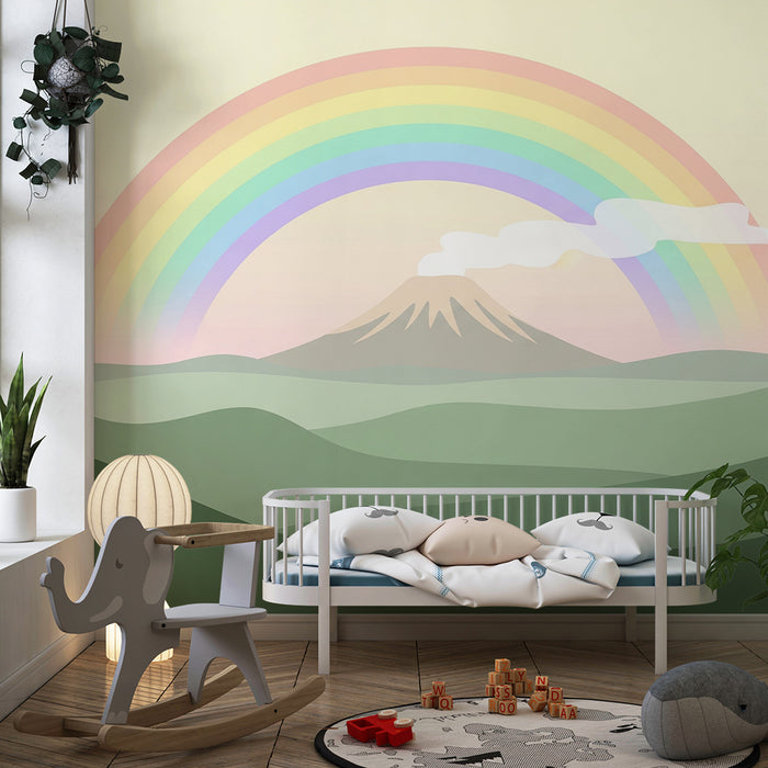 Kinderkamer behang | Majestueuze berg onder een pastel regenboog