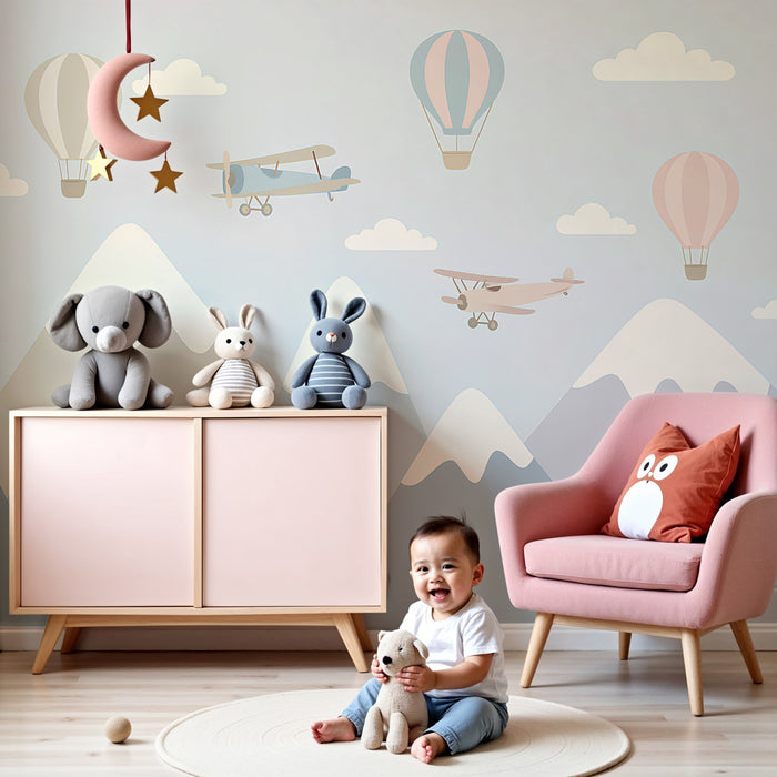Papier peint chambre enfant | Montagnes, avions et montgolfières