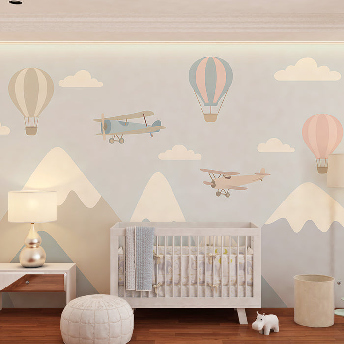 Papier peint chambre enfant | Montagnes, avions et montgolfières