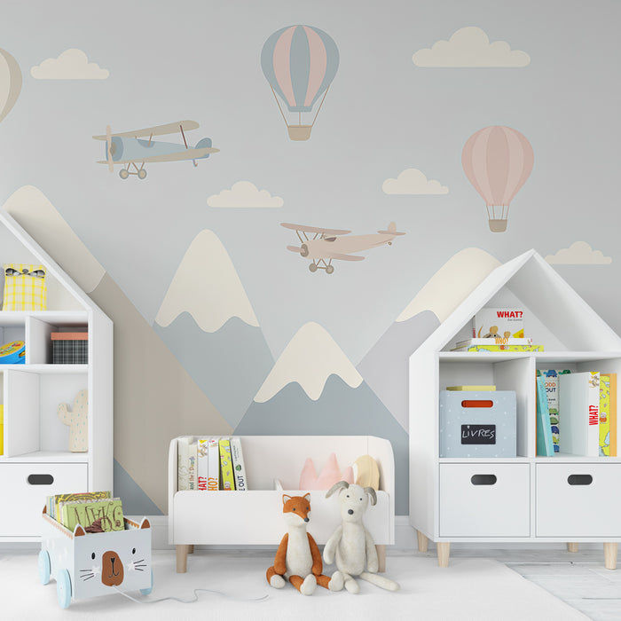 Papier peint chambre enfant | Montagnes, avions et montgolfières