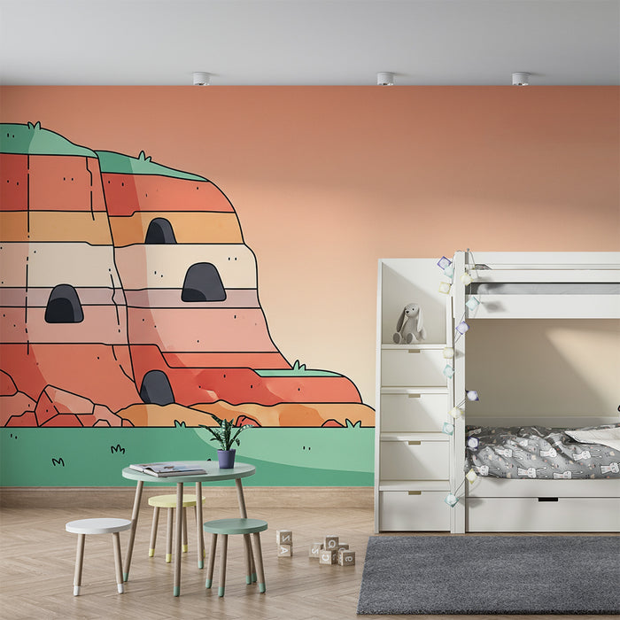 Kinderzimmer Tapete | Bunte Berge mit einem frechen Eichhörnchen