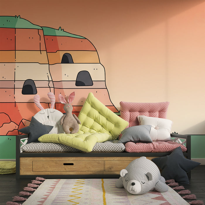 Kinderzimmer Tapete | Bunte Berge mit einem frechen Eichhörnchen