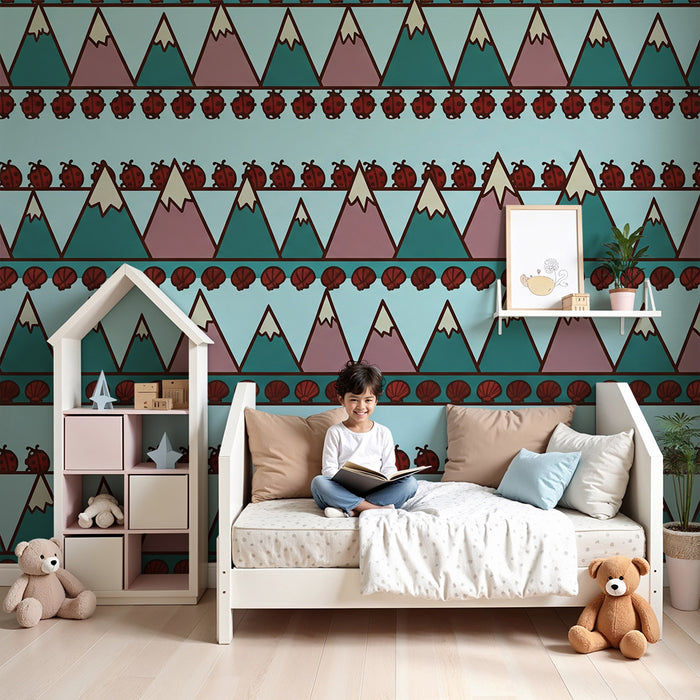 Behang kinderkamer | Kleurrijke bergen en lieveheersbeestjes op blauwe achtergrond