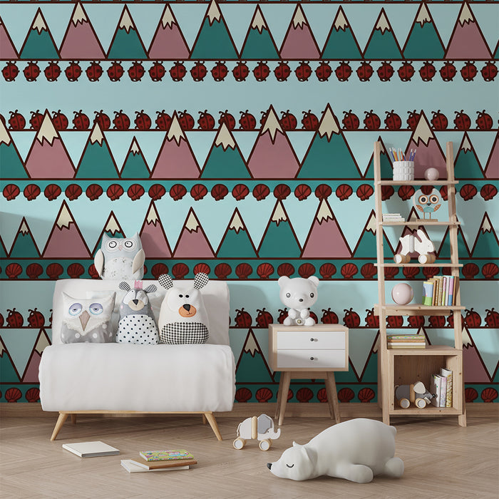Behang kinderkamer | Kleurrijke bergen en lieveheersbeestjes op blauwe achtergrond